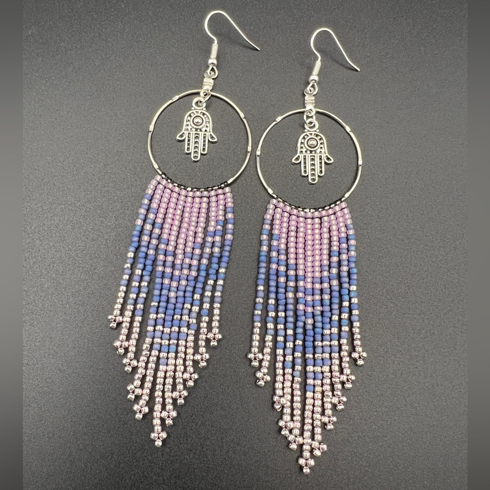 Beaded Fringe Earrings w/Hamsa Hand Charms